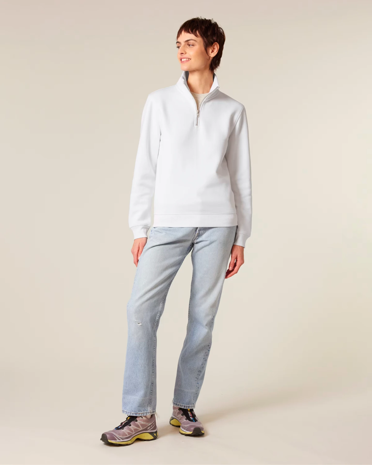 Custom branded half-zip sweat — white by REVEL